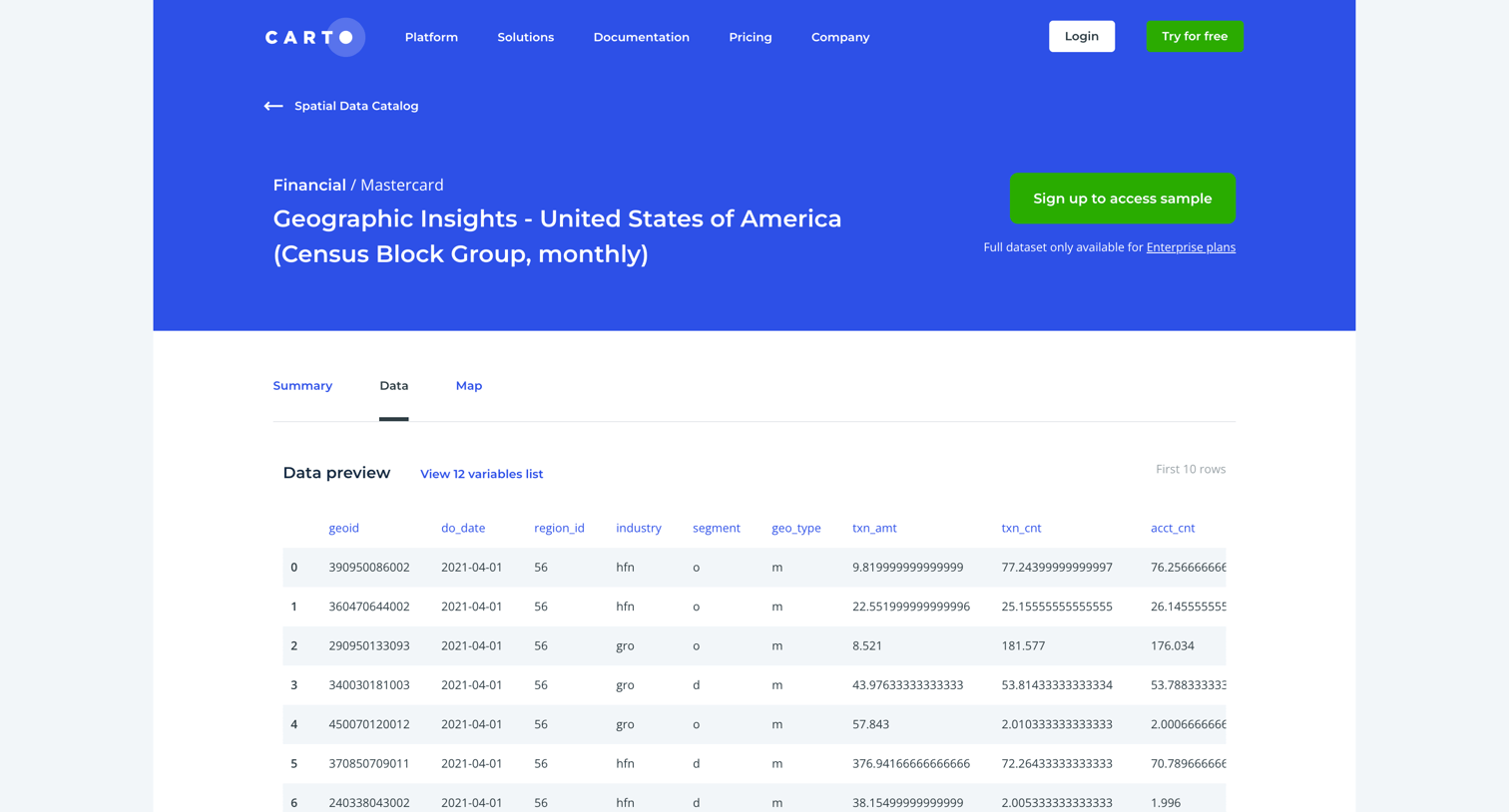 Carto - Geographic Insights - United States of America Census Block Group screen