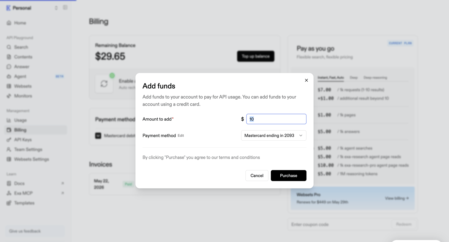 Exa - Billing | Exa API screen