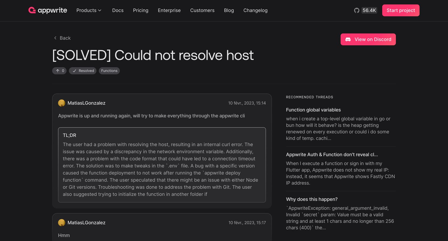 Appwrite - [SOLVED] Could not resolve host - Threads - Appwrite screen
