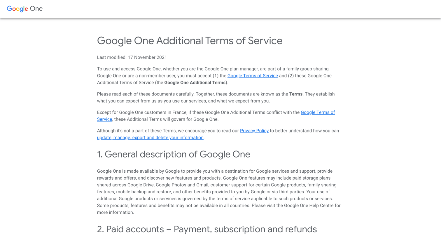 Google One - Google One – Terms of Service screen