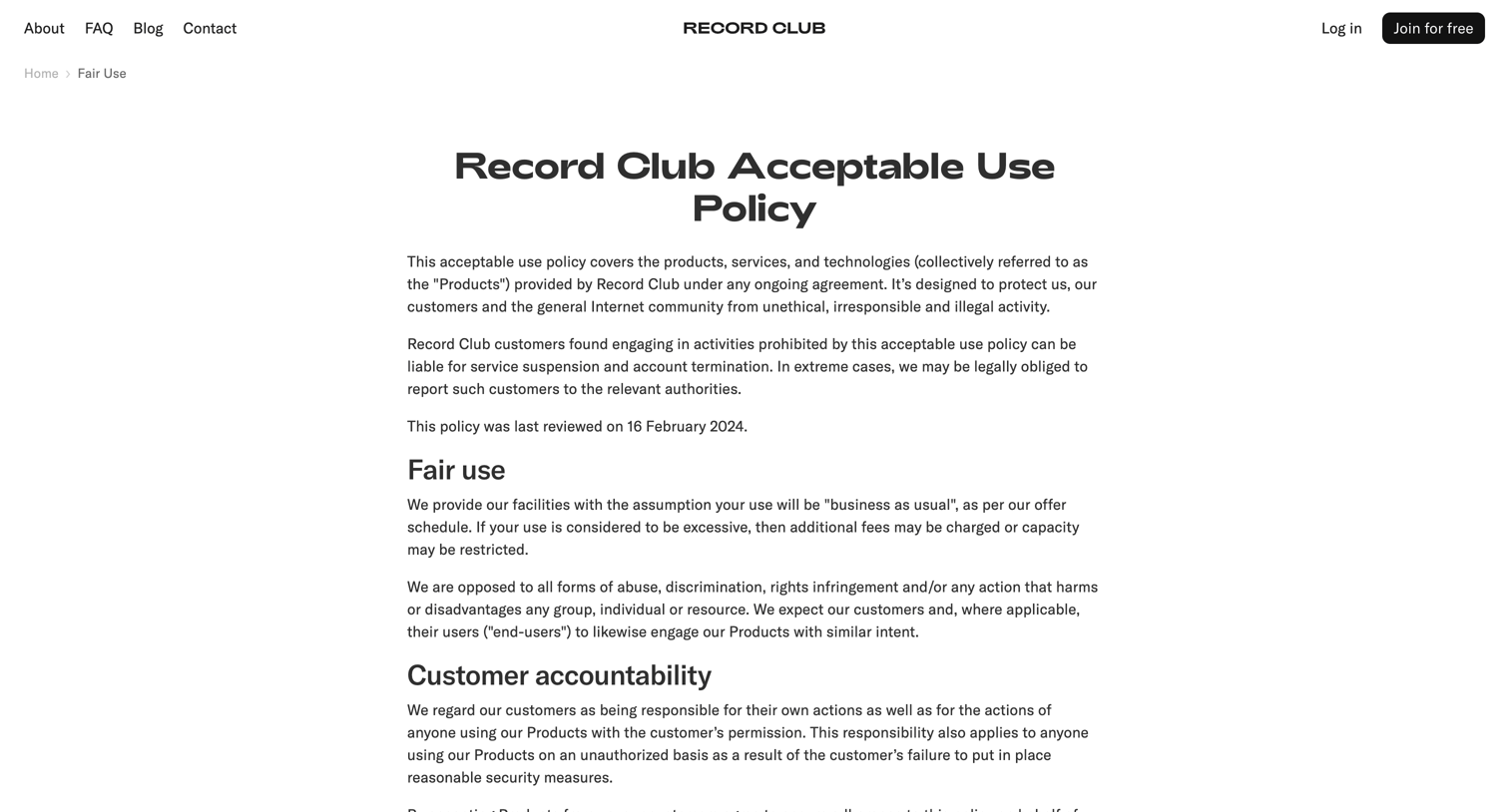 Record club - Acceptable Use – Record Club screen