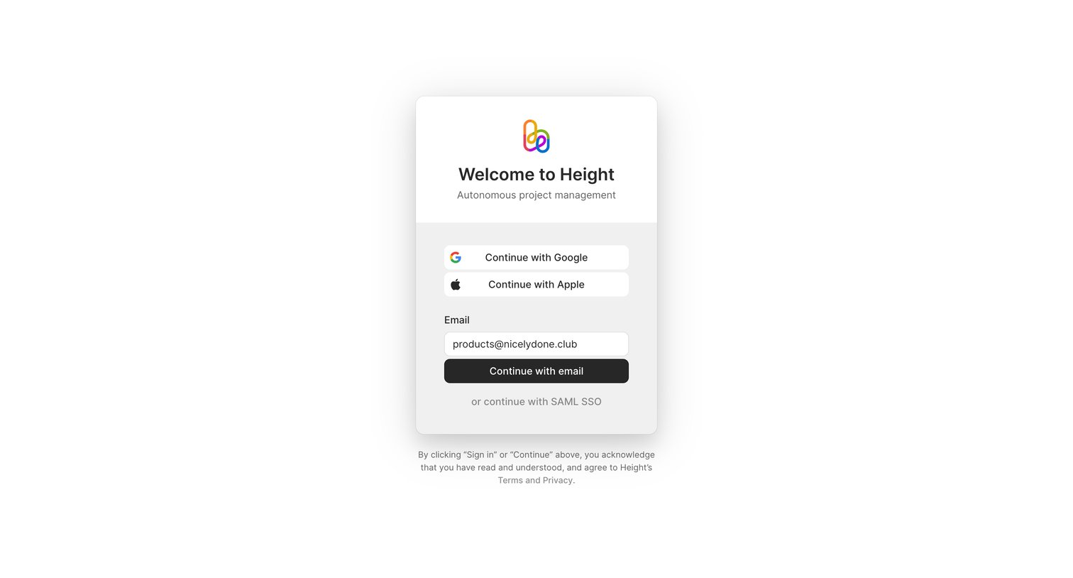 Height - Log in - Height screen