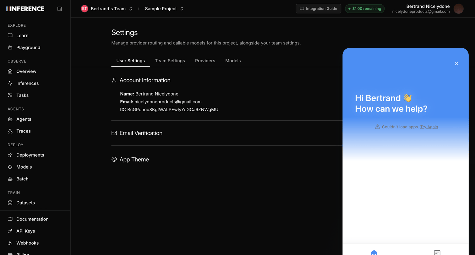 Inference - Settings | inference.net screen