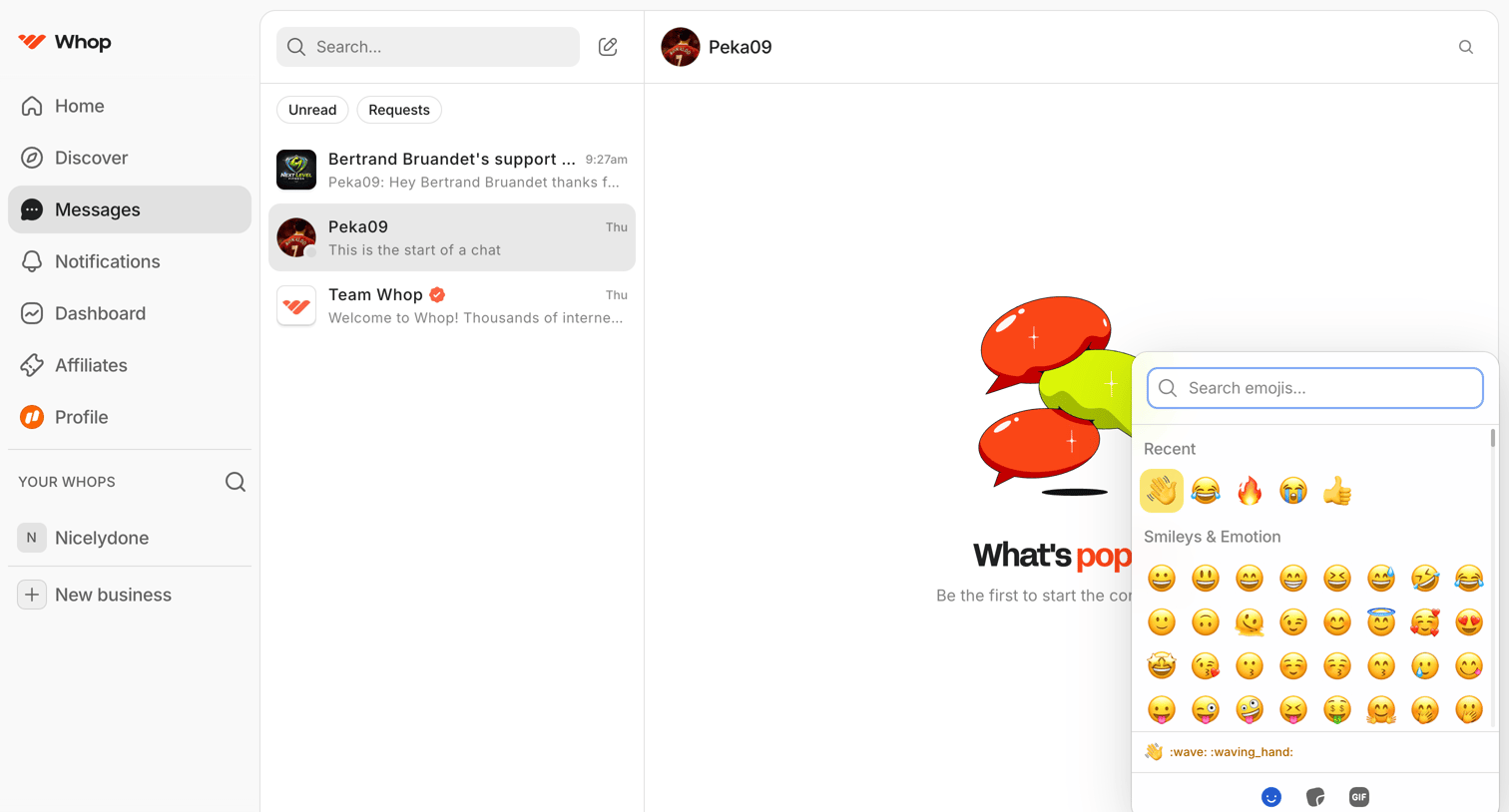 Whop - Peka09 | Messages | Whop screen