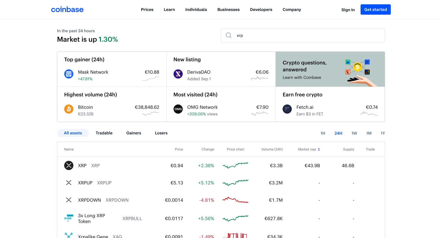Coinbase - Cryptocurrency Prices, Charts, Daily Trends, Market Cap, and High screen