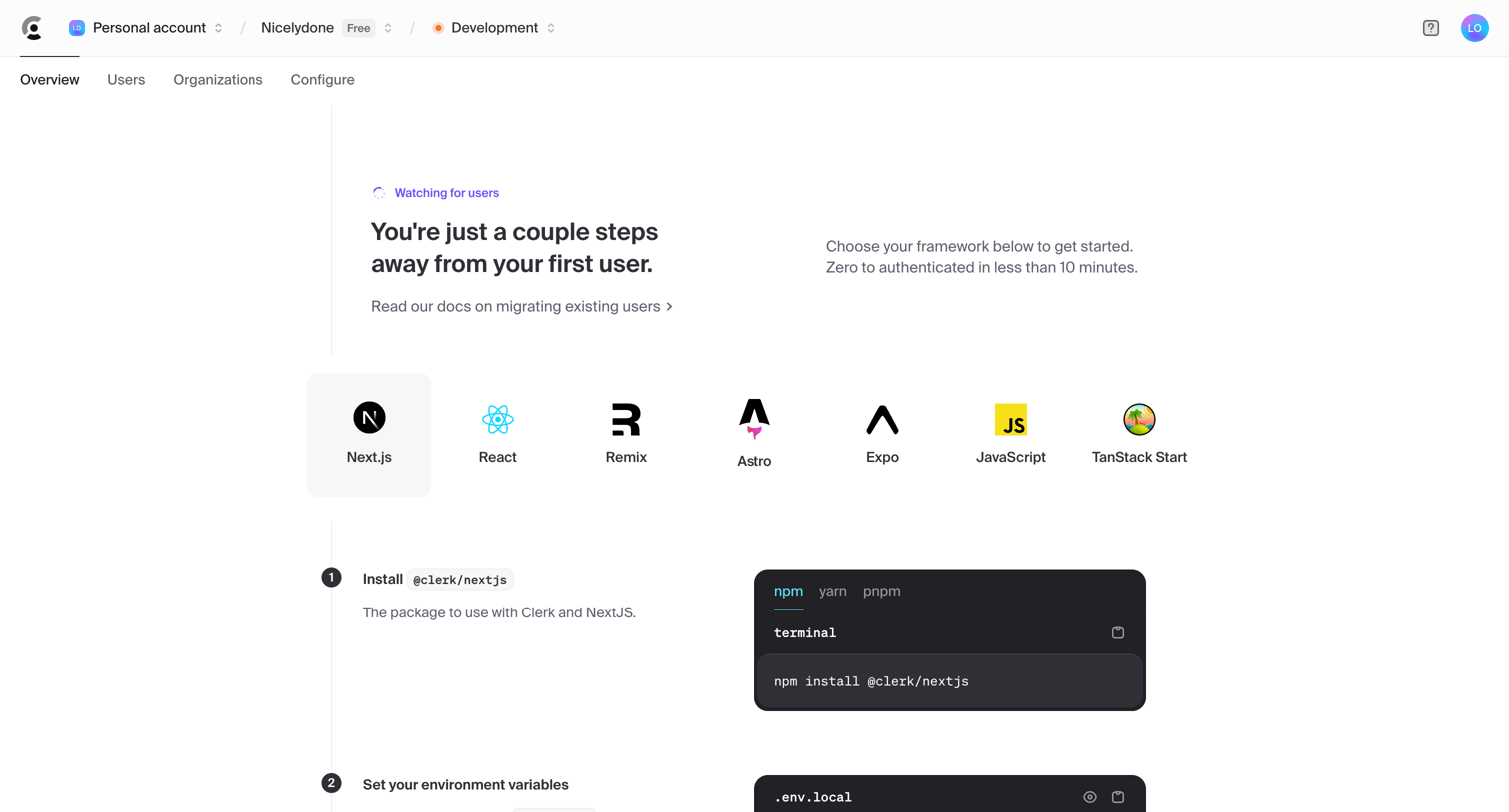 Clerk - Dashboard | Clerk.com screen