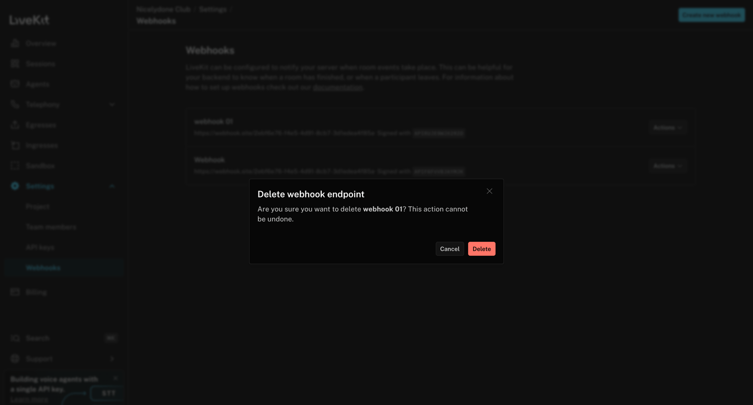 Livekit - Nicelydone Club | Settings | Webhooks screen