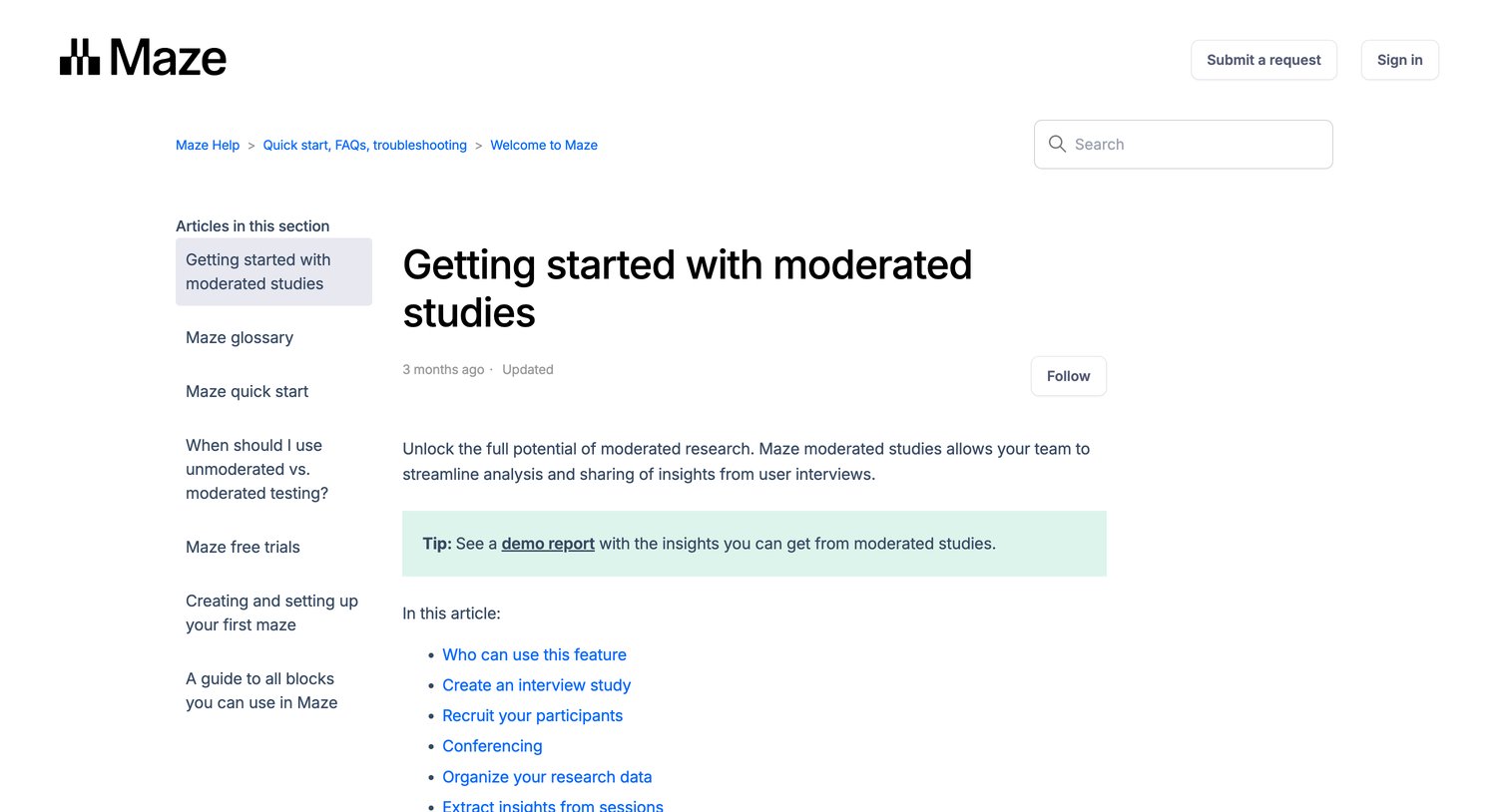 Maze - Getting started with moderated studies – Maze Help screen