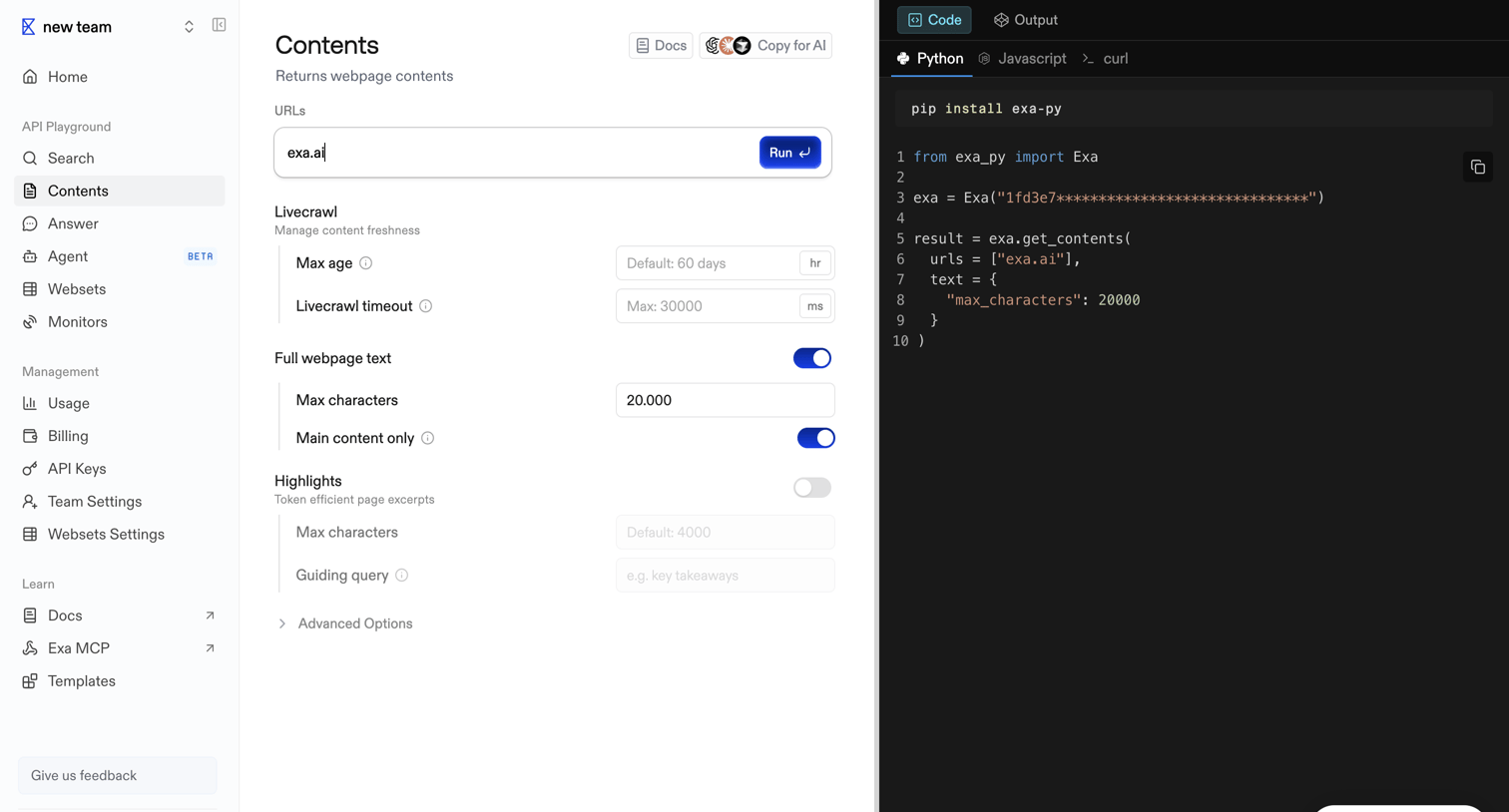 Exa - Playground | Exa API screen