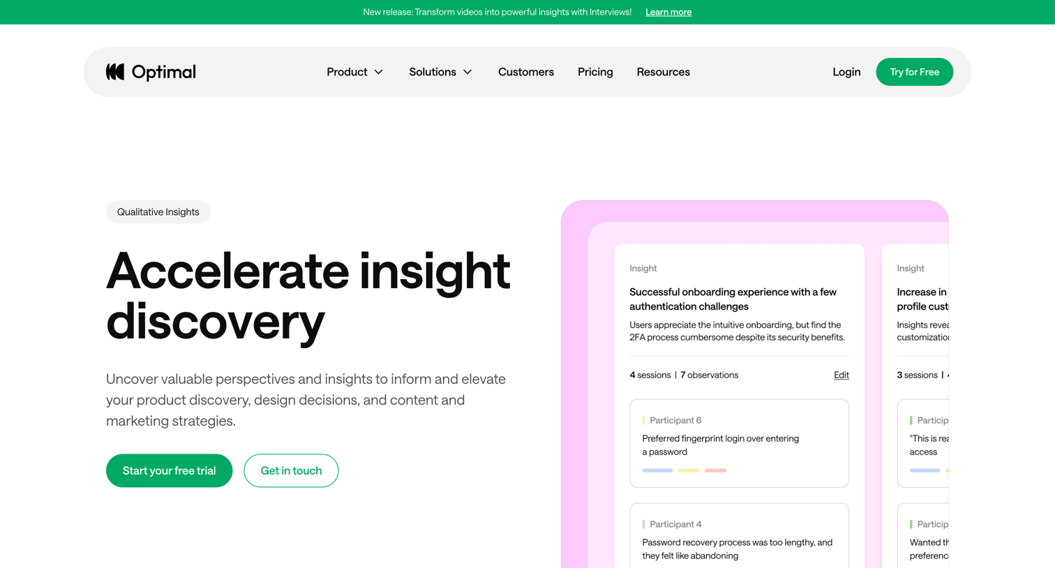 Optimal - Qualitative Insights Optimal User Insight Platform screen