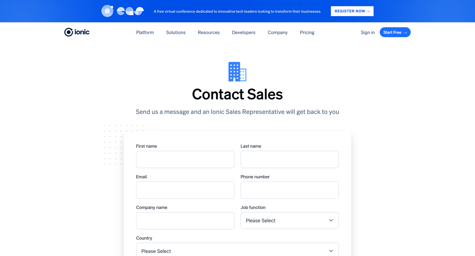 Ionic - Contact Ionic Sales - Ionic - The Cross-Platform App Development screen