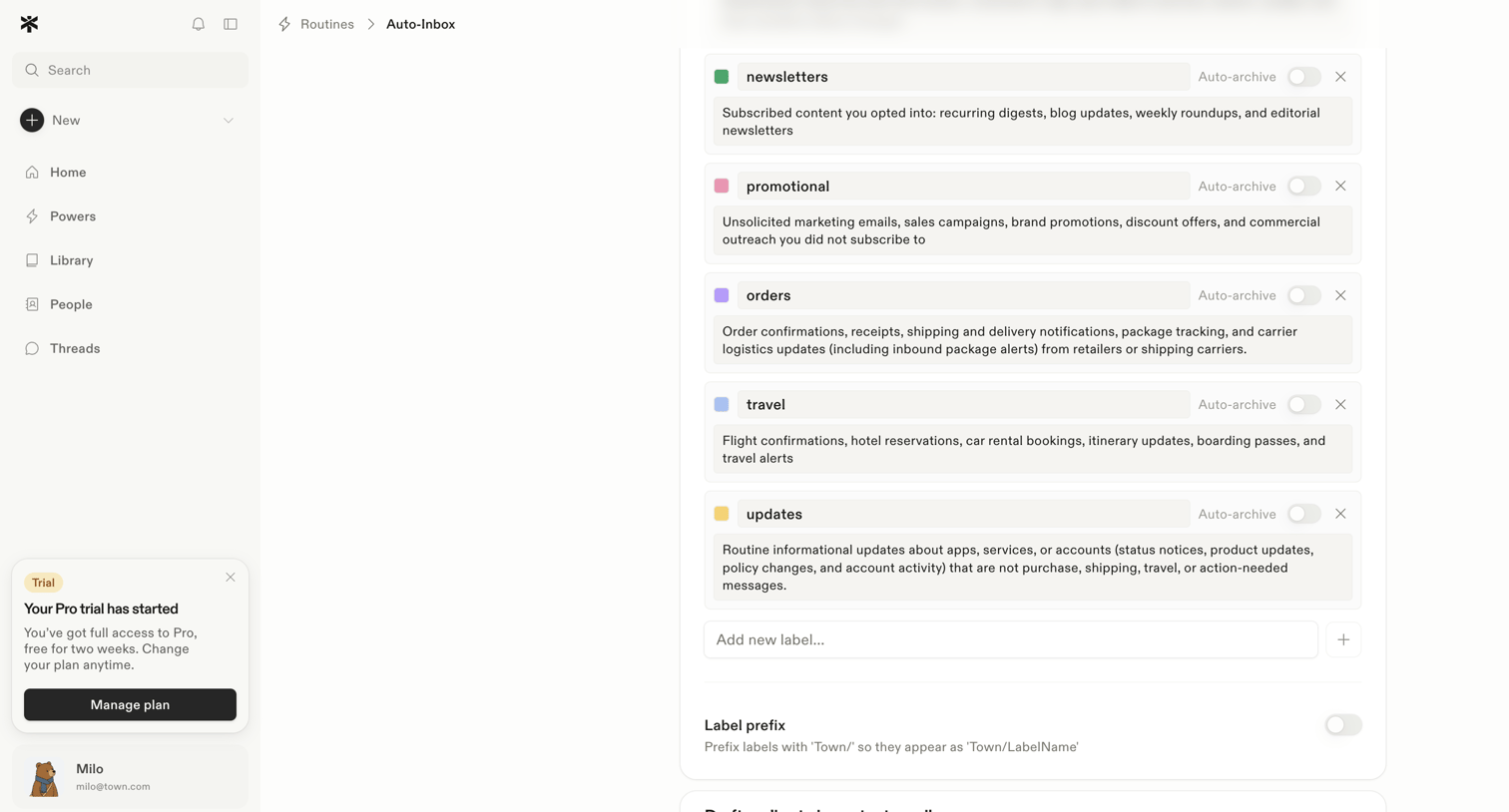 Town - Auto-inbox screen