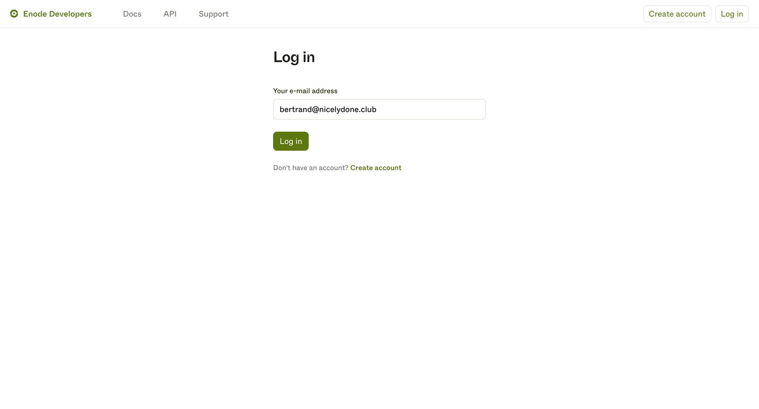 Enode - Log in | Enode Developers screen