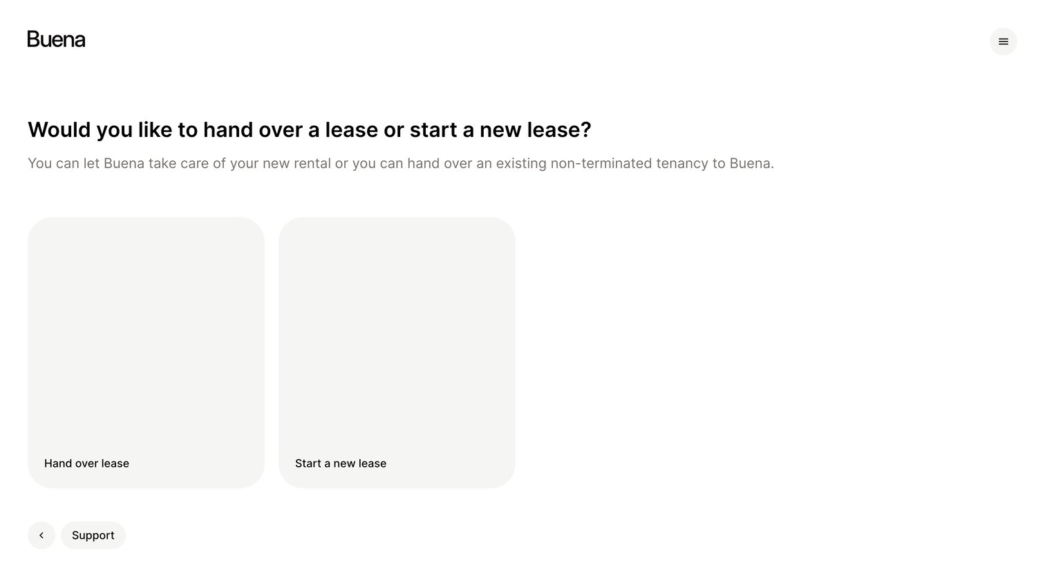 Buena - Inquiry Would you like to hand over a lease or start a new lease screen