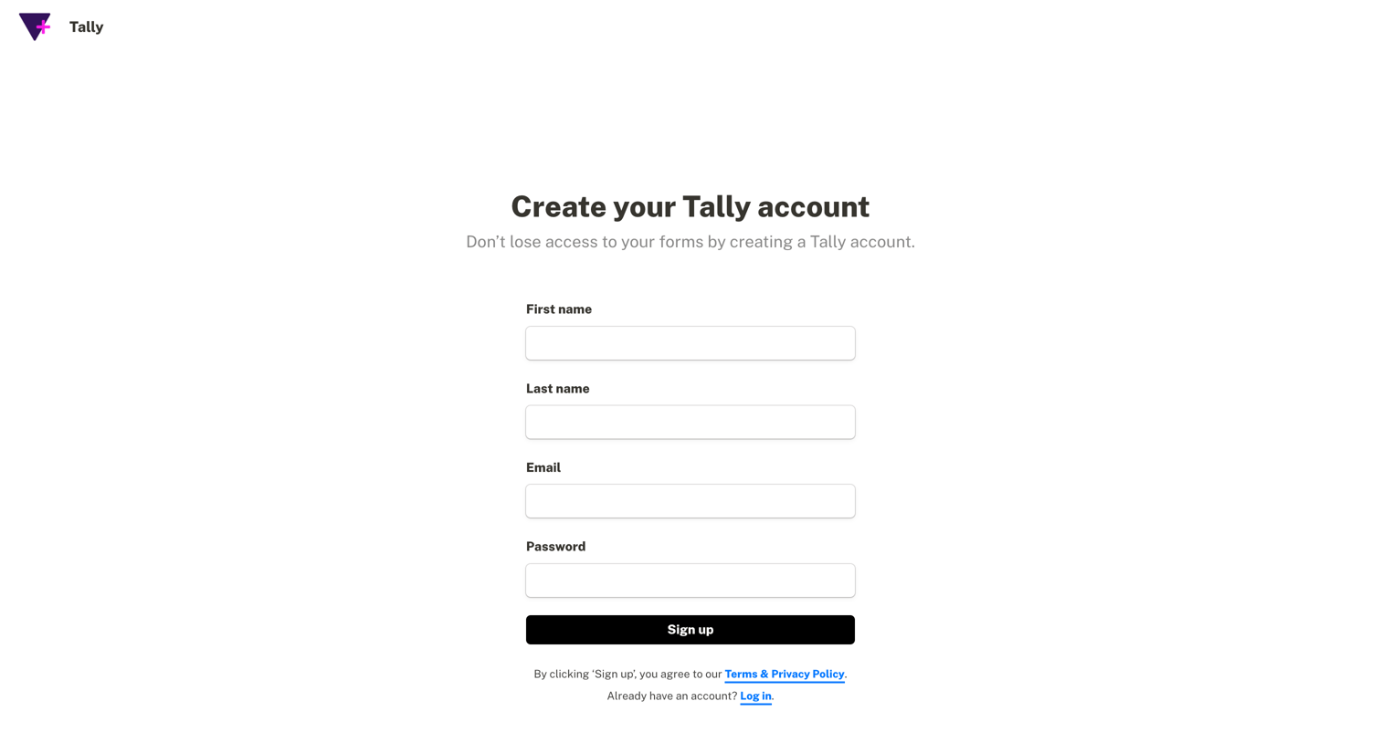 Tally - Sign up - Tally screen