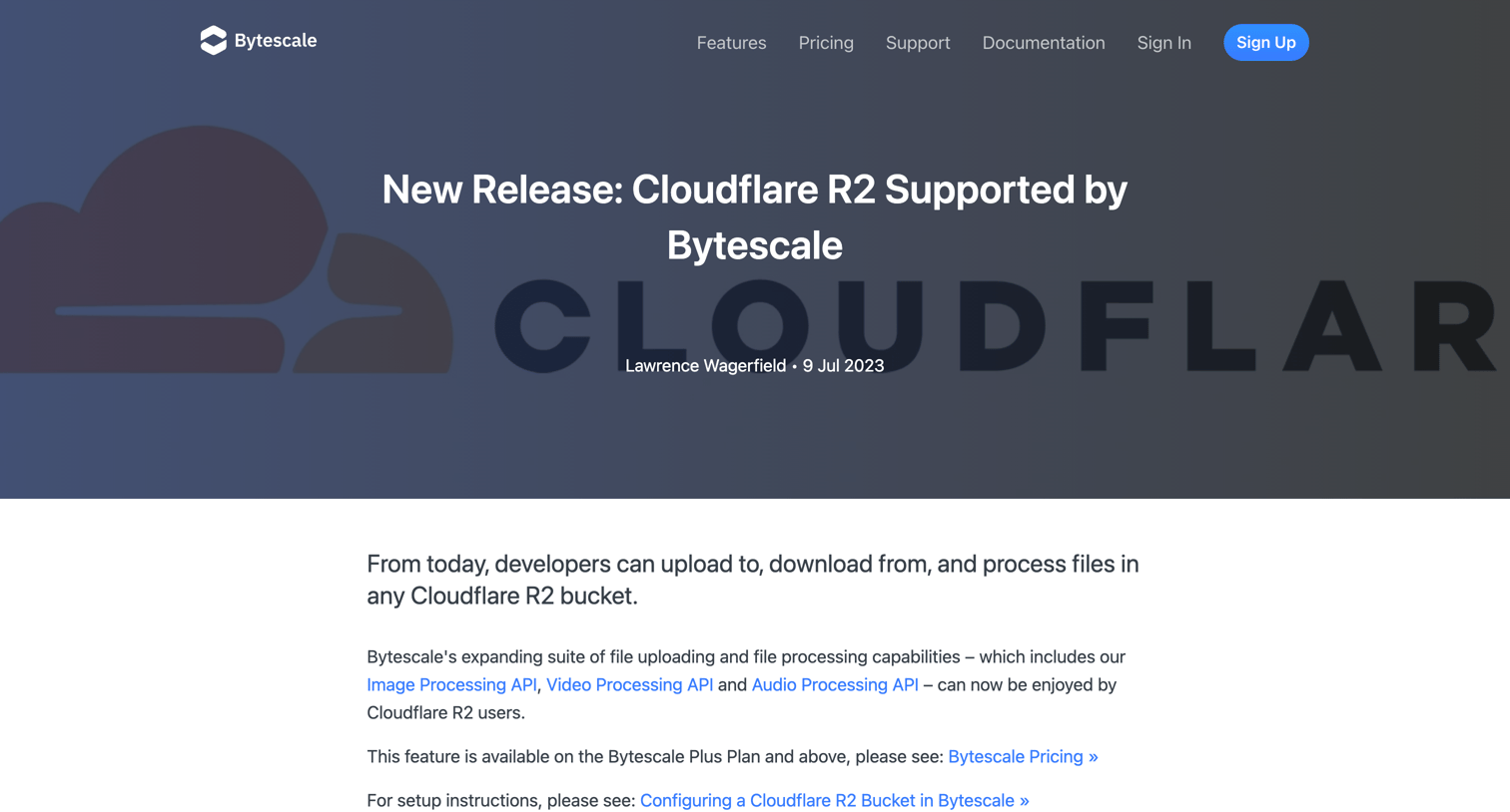 Bytescale - New Release Cloudflare R2 Supported by Bytescale screen