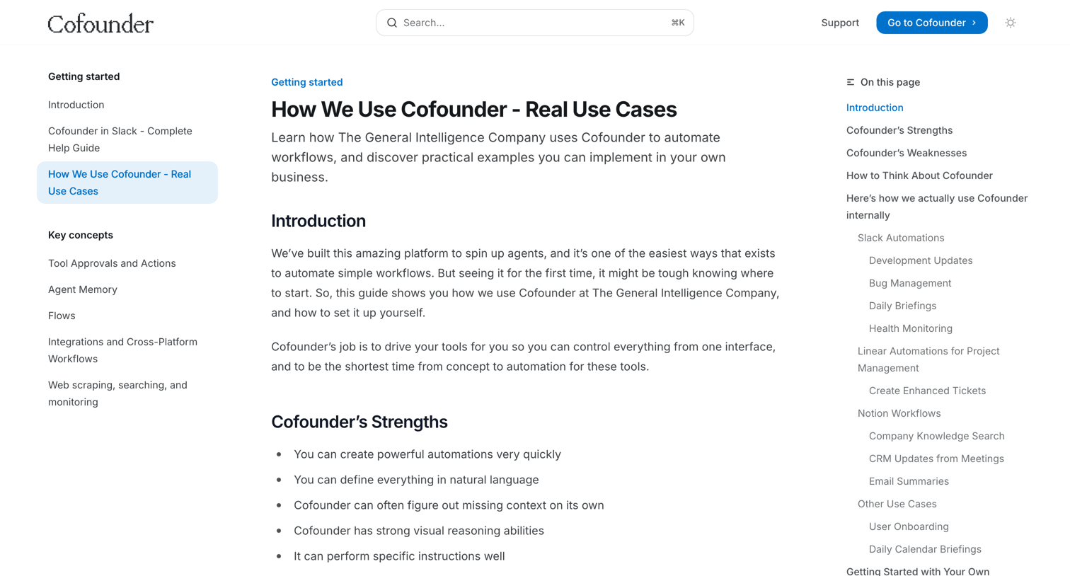 Cofounder - How We Use Cofounder - Real Use Cases - Documentation screen