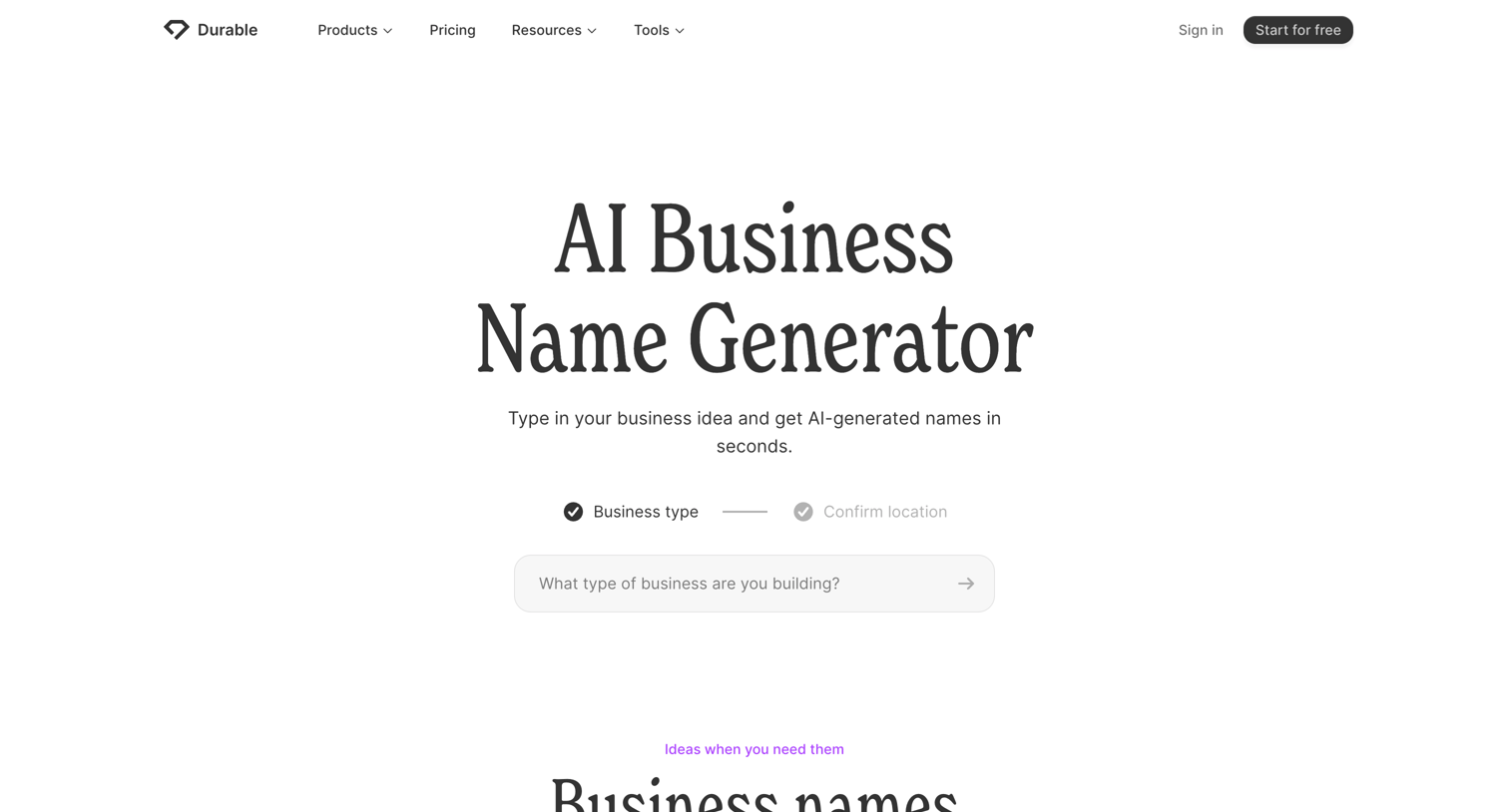 Durable - Free AI Business Name Generator screen