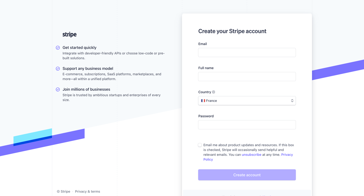 Stripe - Sign Up and Create a Stripe Account | Stripe screen
