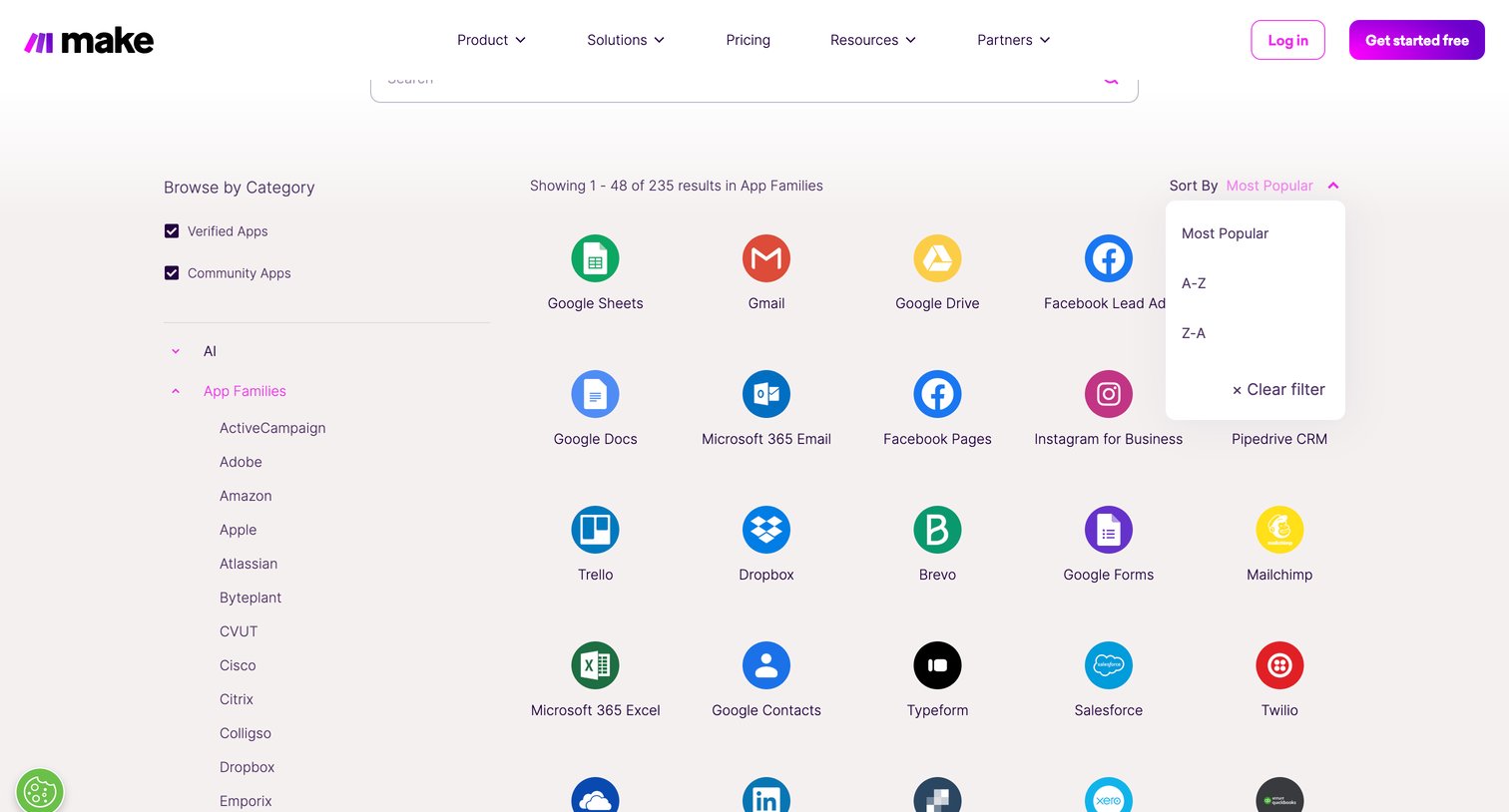 Make - Integrations Software Integrations 1,800+ Integration Apps Mak screen