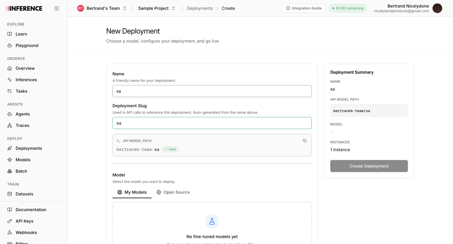 Inference - Dashboard | inference.net screen