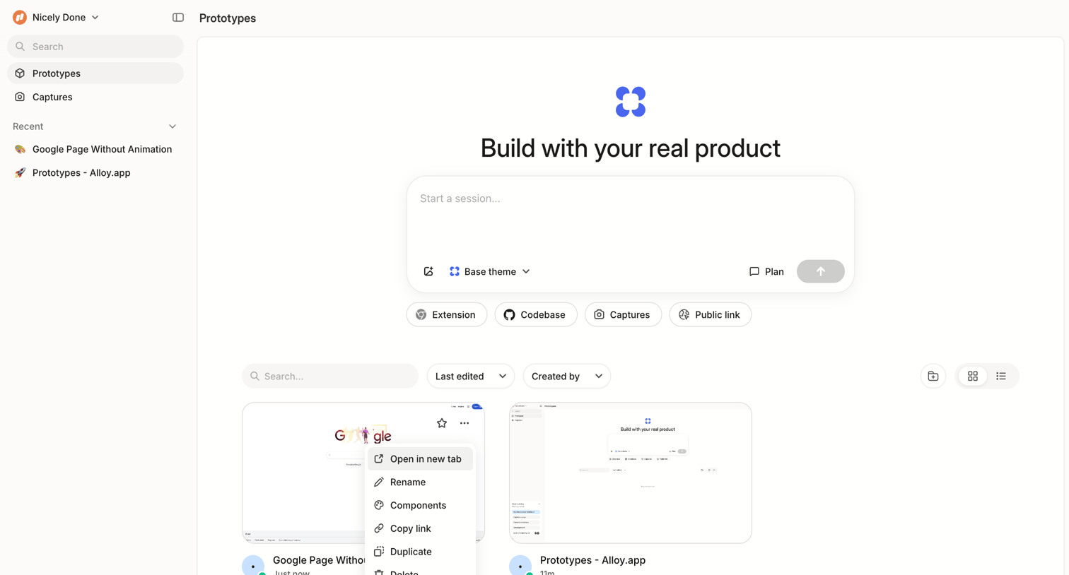 Alloy - Prototypes screen