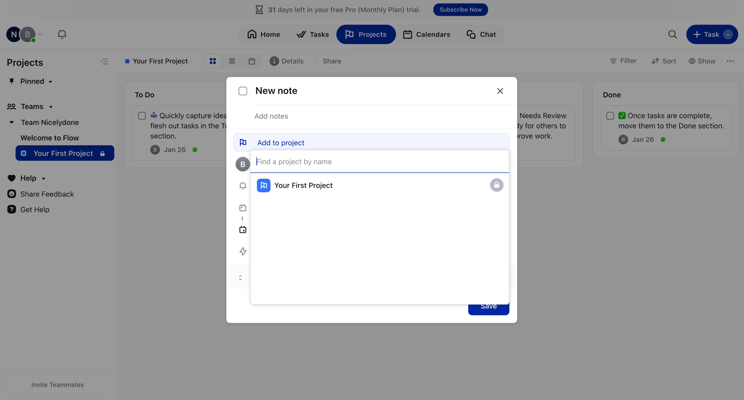 Flow - Your First Project screen