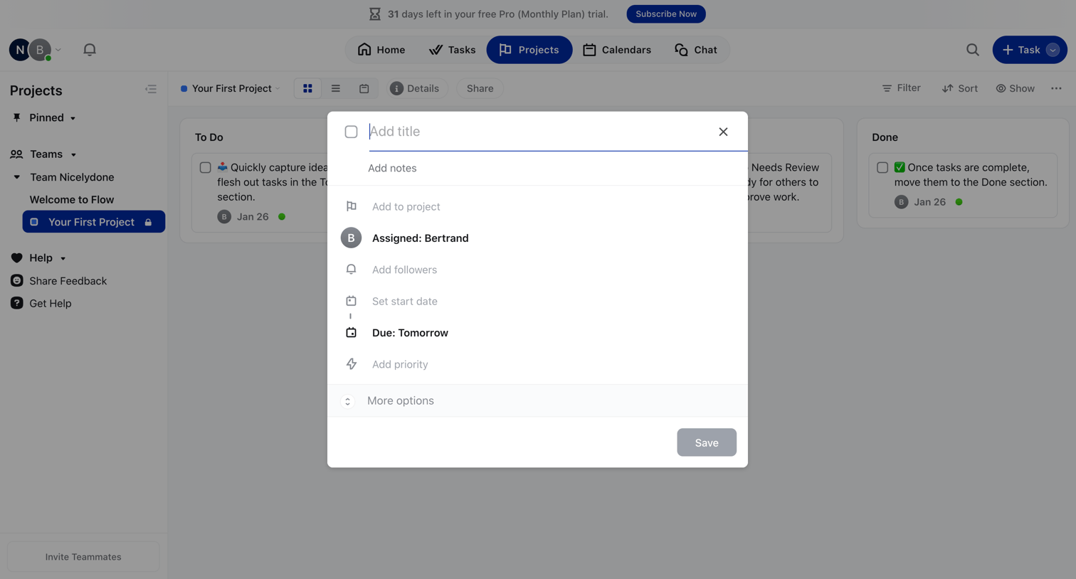 Flow - Your First Project screen