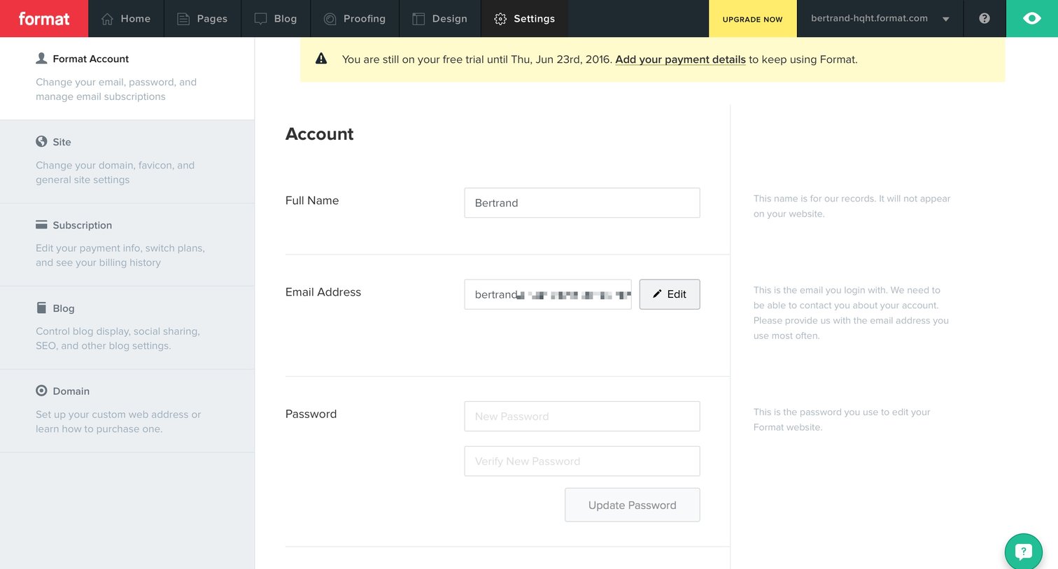 Format - Settings screen