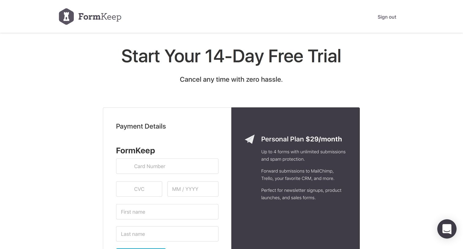 Formkeep - Checkout screen