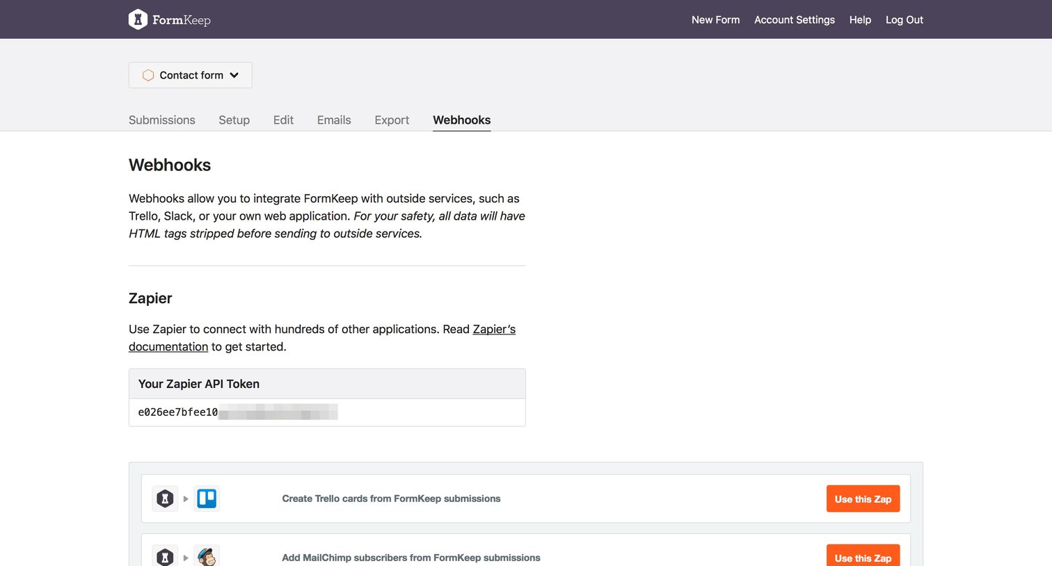 Formkeep - Integrations screen