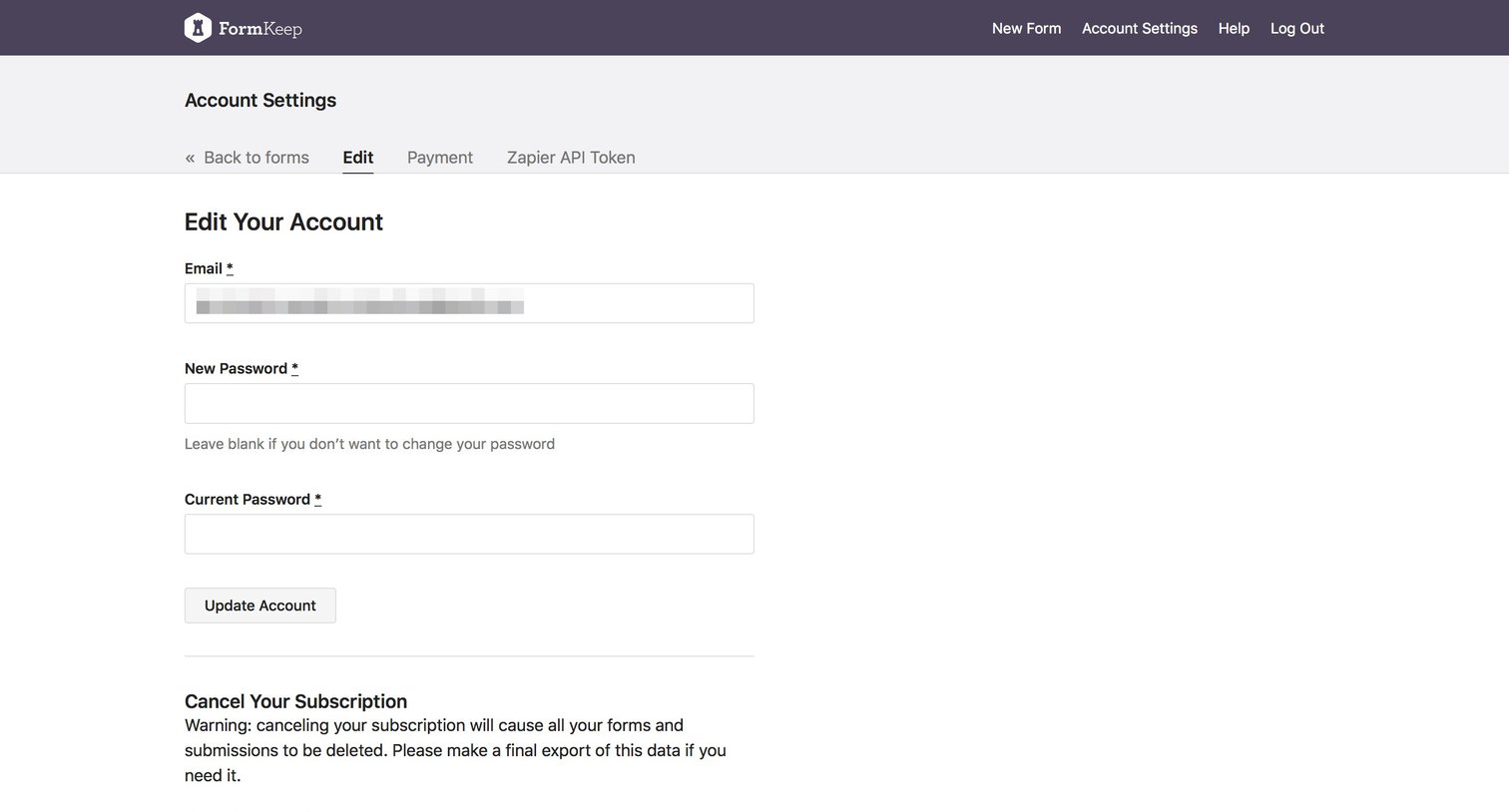 Formkeep - Settings screen