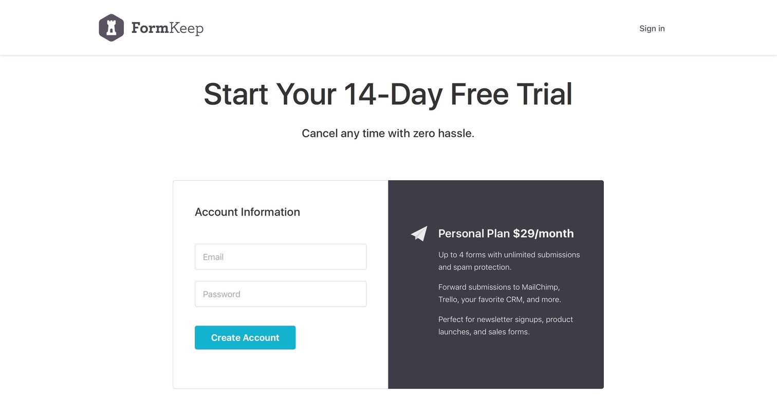 Formkeep - Sign up screen