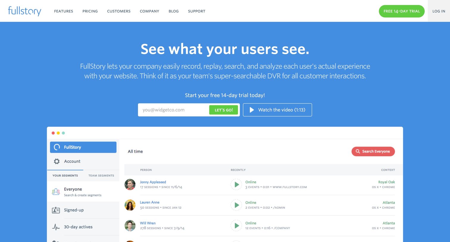 Landing page from Fullstory