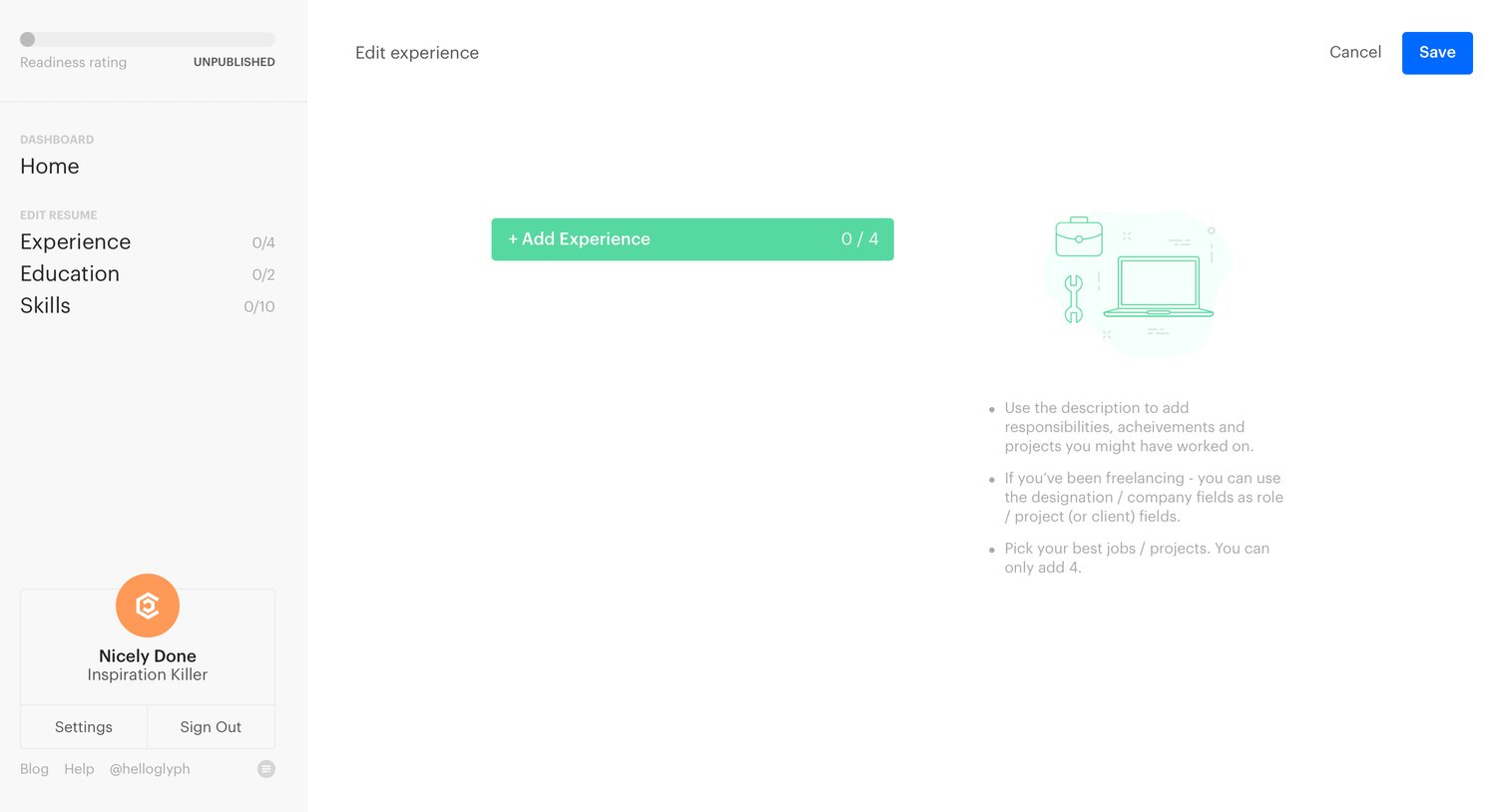 Glyphs - Add experience screen