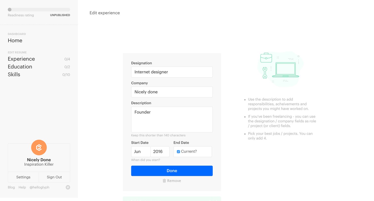 Glyphs - Edit experience screen