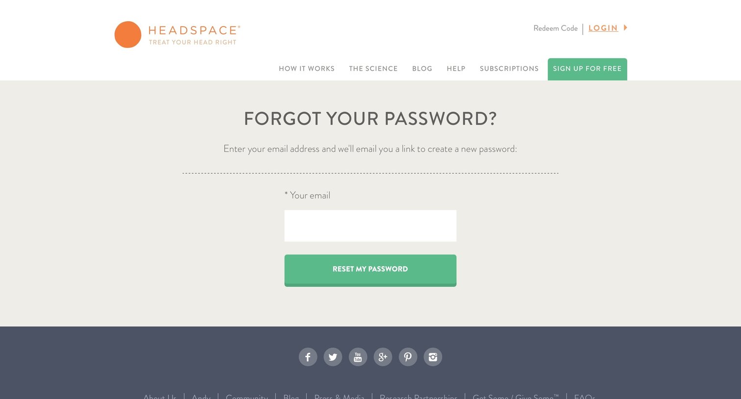 Headspace - Password reset screen