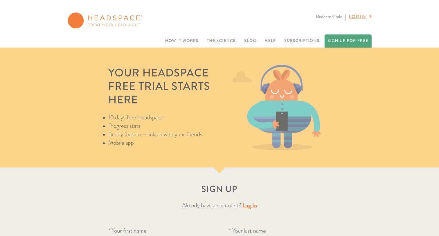 Headspace - Sign up screen
