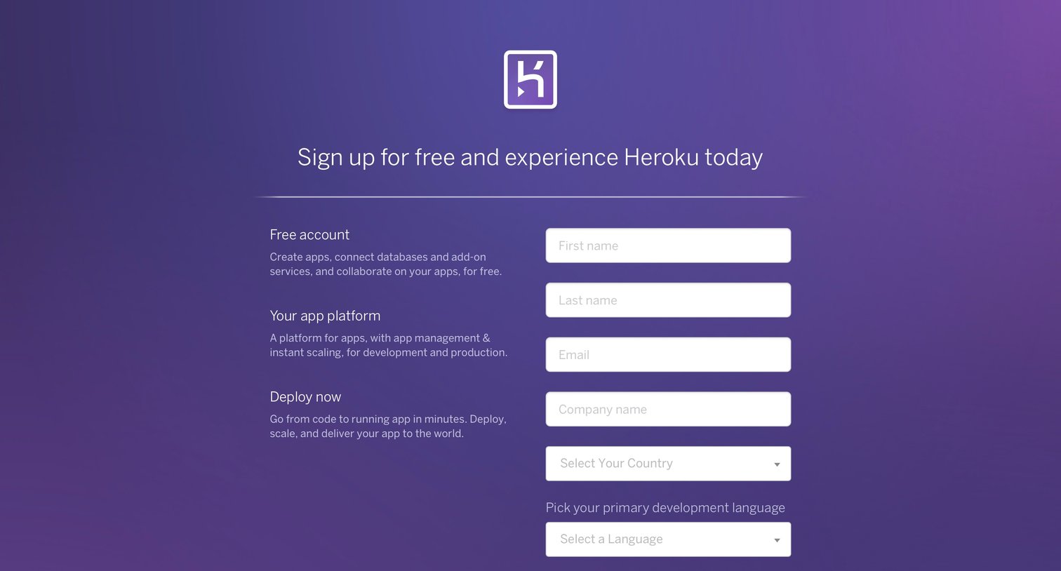 Heroku - Sign up screen