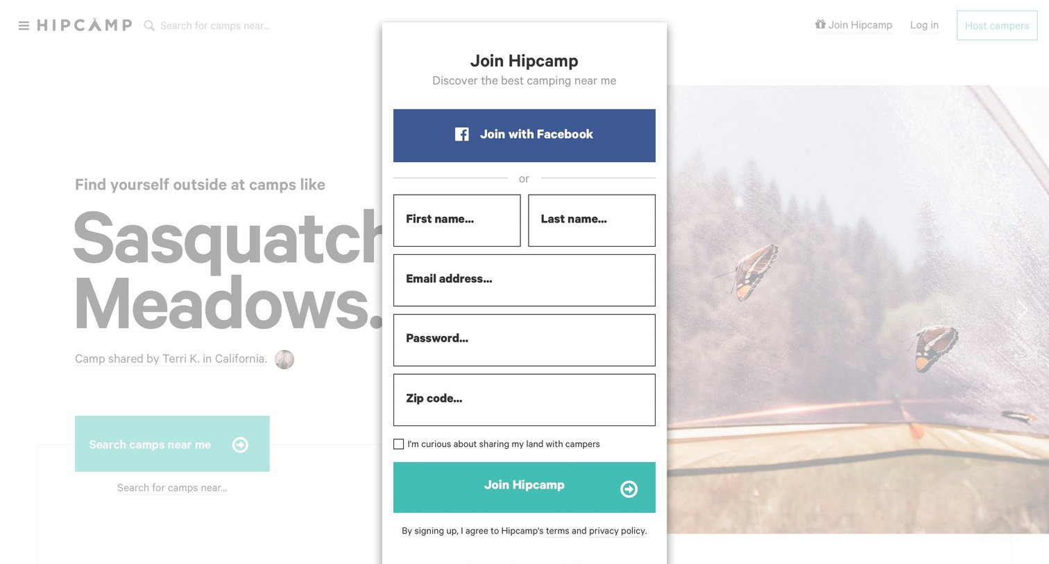 Hipcamp - Sign up screen