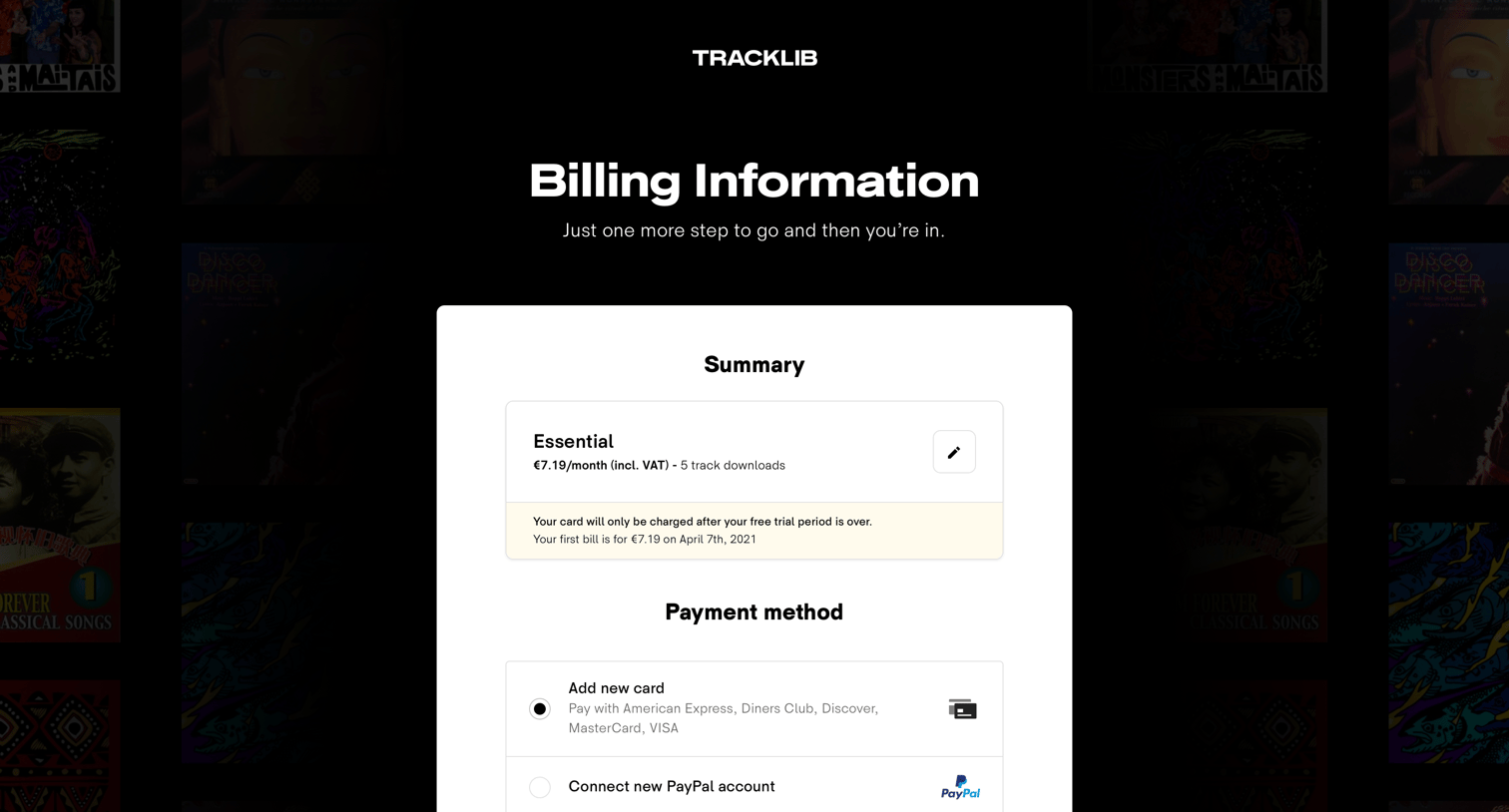 Tracklib - Billing Information | Tracklib screen