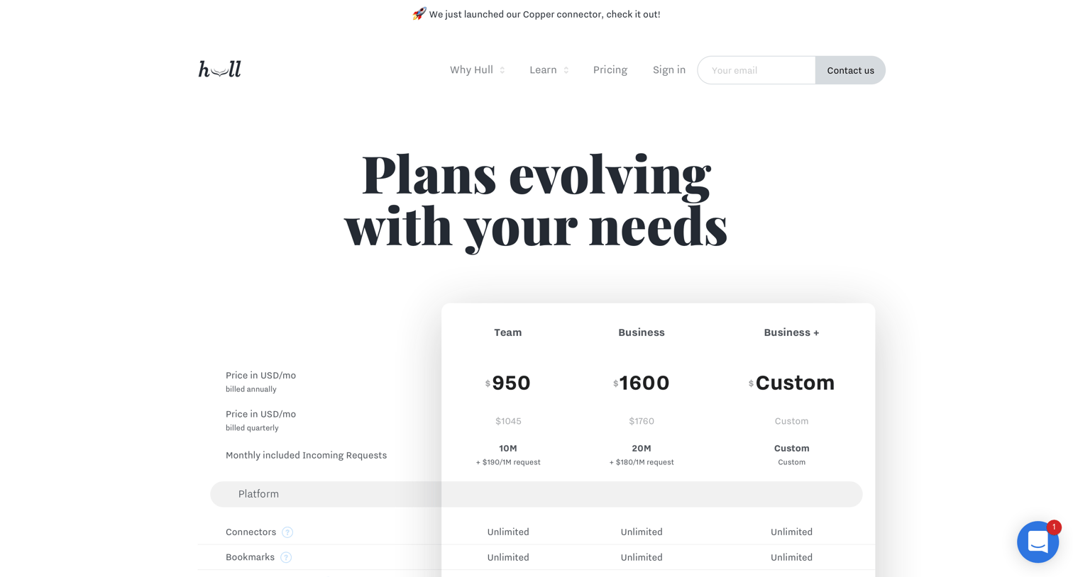 Hull - Pricing - Customer Data Platform Cost screen