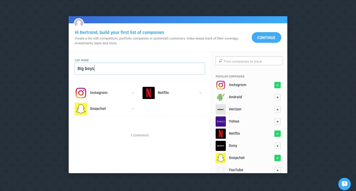 Index - Create list screen