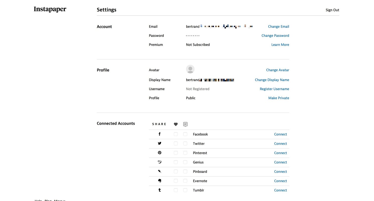 Instapaper - Settings screen