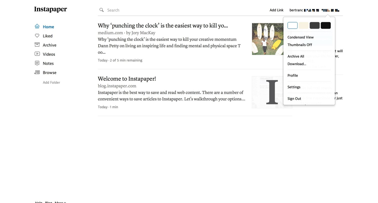 Instapaper - Settings screen
