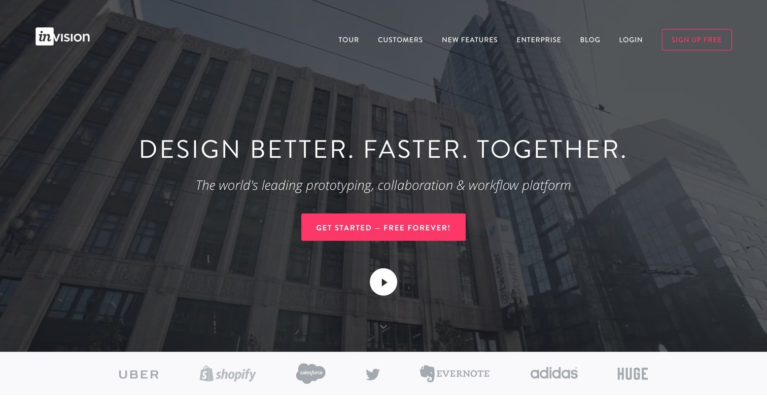 Invision - Landing page screen