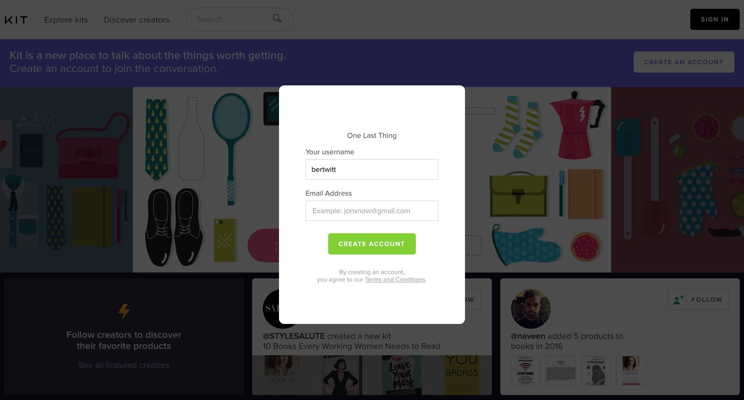 Sign up from Kit