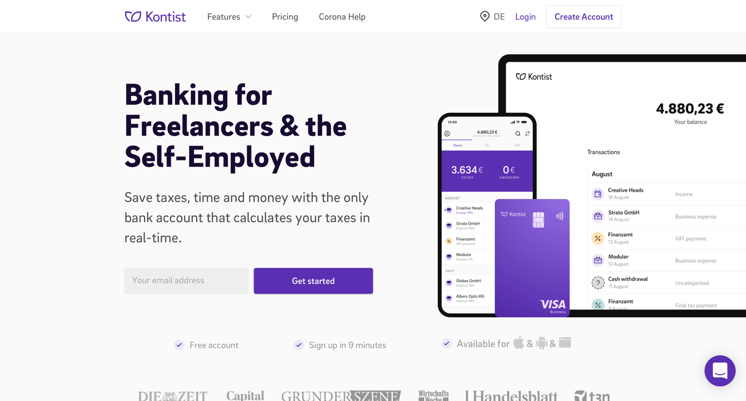 Landing page from Kontist
