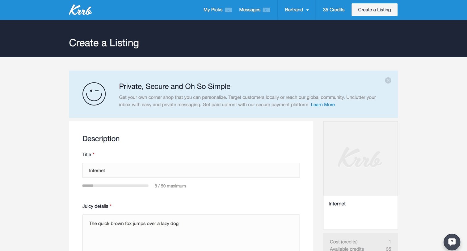 Krrb Classifieds - Create Post screen