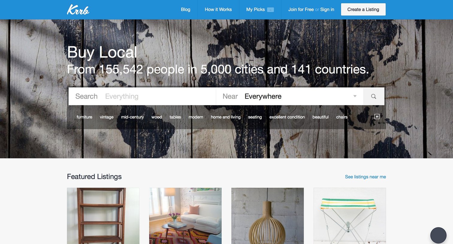 Krrb Classifieds - Landing page screen